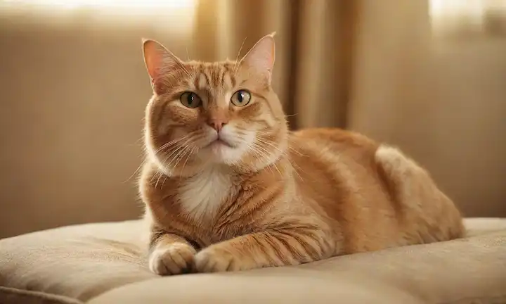 ilustración 3D de un gato senior sentado cómodamente en un cojín suave, con arrugas suaves y silbidos brillantes, rodeado de luz dorada sutil, colores cálidos y patrones delicados en la tela