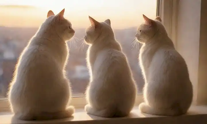 2 gatos mayores con abrigos blancos, sentados en un ventanal, mirando hacia el atardecer, uno con una suave pata extendida para tocar la otra cabeza, rodeado de luz suave, ambiente sereno, tonos cálidos