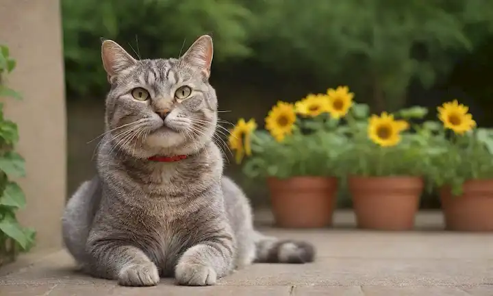 ilustración 3D de un gato senior sonriente con brillante abrigo gris, mirada suave y arrugas suaves, sentado en una piedra caliente o patio de ladrillo rodeado de vegetación exuberante, con unos pocos girasoles floreciendo cerca, frente a una tranquila característica de agua, como un pequeño estanque o fuente