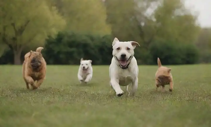 3-4 perros de diferentes razas y tamaños en un entorno lúdico, con algunos acostados, otros corriendo o sentados, rodeados de un fondo tranquilo como un parque o patio trasero, con pocos recortes de césped y árboles en la distancia, capturando momentos felices y saludables de caninos