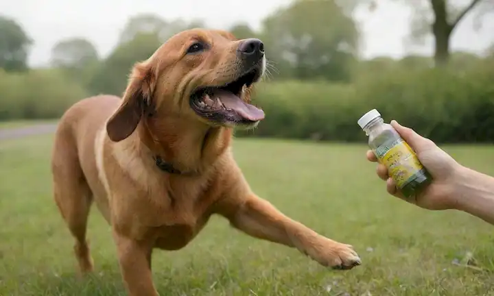 Feliz perro sano corriendo en un parque, rodeado de hierba verde y flores, con un suplemento probiótico botella cerca, acompañado por una mujer tranquila y suave, sonriendo con su mano en la cabeza de los perros, transmitiendo un sentido de confianza y bienestar, puesto en contra de un día soleado brillante, con un fondo borroso de árboles y cielo