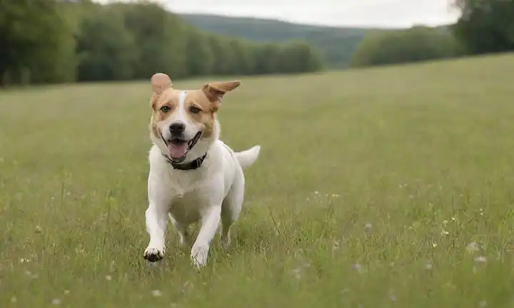 Un perro alegre y energético corriendo en un prado verde con unos pocos flores silvestres, rodeado de hierba y árboles de aspecto saludable, con un pequeño tazón o bolsa que contiene probióticos en primer plano, mostrando un ambiente soleado y sereno