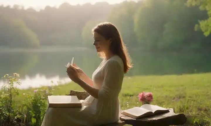Un ambiente cálido al aire libre, lago sereno, suave niebla, exuberante vegetación, flores vibrantes, una persona sentada, sonriente, postura relajada, manos sosteniendo un libro o instrumento, sol brillando a través de los árboles, enfoque suave