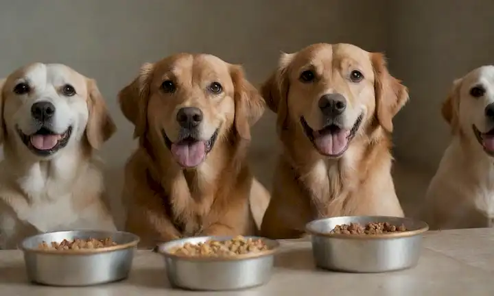 3 perros con diferentes razas, edades y tamaños comiendo de cuencos, sano recuperador de oro en frente, beagle activo en el lado, chihuahua senior en el fondo, todo con expresiones felices, texturas realistas, luz caliente
