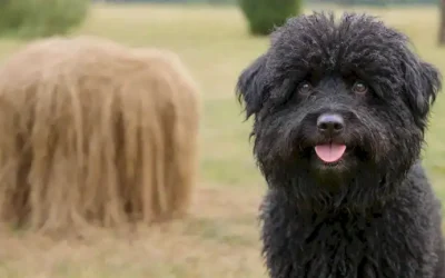 Un disparo de cerca de un perro húngaro Puli con su icónico abrigo amarrado