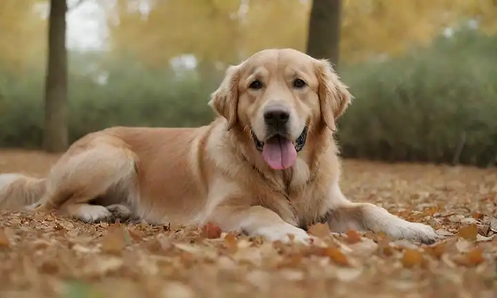 Un suave recuperador de oro que se encuentra sobre una superficie suave, rodeado de elementos naturales calmantes, como hojas, flores o un árbol en miniatura, con sus patas que descansan suavemente sobre el suelo, transmitiendo una sensación de facilidad y relajación