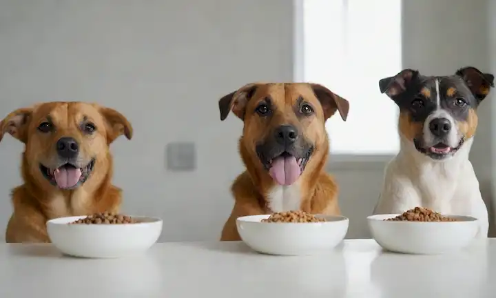 3 perros, diferentes razas, sentados en un fondo blanco, mirando a la cámara, con tazones delante de ellos, comida premium para mascotas, cuidado experto, comida gourmet, ambiente feliz y saludable, relajado, enfoque suave