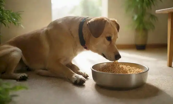 Un perro sano comiendo de un tazón con comida dorada, rodeado de vegetación exuberante, la luz del sol caliente filtrando, y unos pocos kibbles dispersos en el suelo