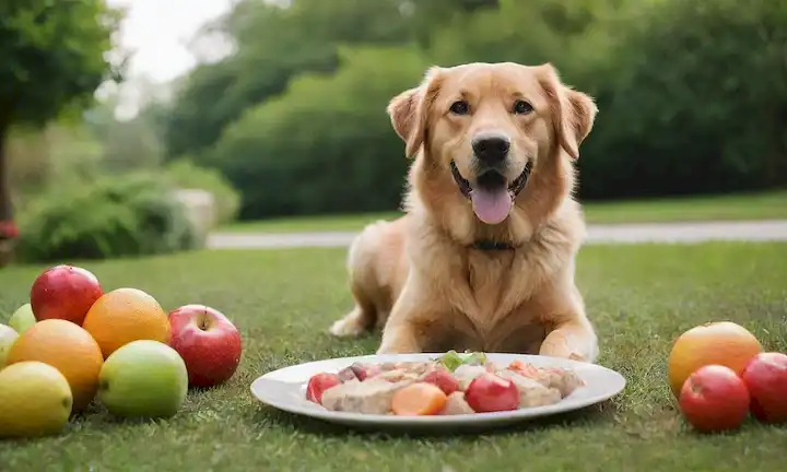 ilustración 3D de un perro feliz con abrigo brillante, sentado sobre hierba verde exuberante, rodeado de fruta fresca y verduras, con un plato de PRO PLAN Expert Care Nutrición comida en el centro, acompañado de unos cuantos golosos y juguetes cercanos, transmitiendo un sentido de salud y bienestar