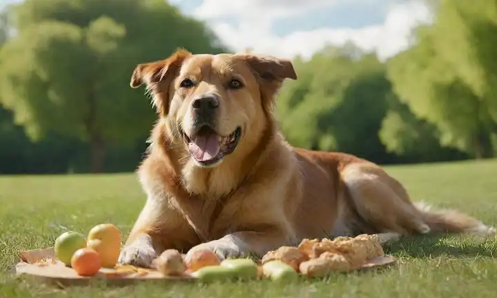 3D rendering of a happy, medium-sized adult dog with shiny coat, relaxed pose, surrounded by healthy snacks and treats, set against a bright green park background with lush grass and sunny sky, conveying a sense of comfort and satisfaction