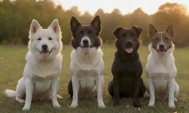 3-4 perros de tamaño mediano de diferentes razas, sentados o de pie en un terreno pastoso, con una mezcla de expresiones tranquilas y juguetonas, rodeados de hojas o flores, con algunos perros olfateando o explorando su entorno, contra un fondo caliente de puesta del sol
