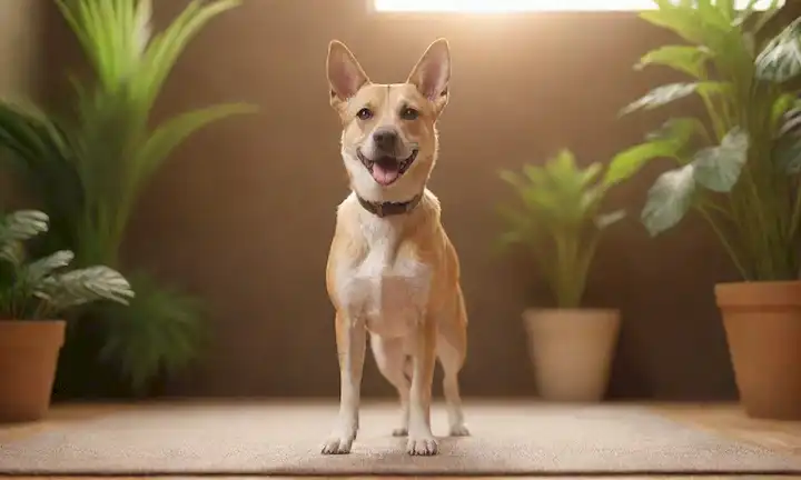ilustración 3D, ambiente tranquilo, perro de tamaño mediano adulto, de pie, vista frontal, postura relajada, expresión feliz, fondo natural, plantas, tonos terrenales, iluminación caliente