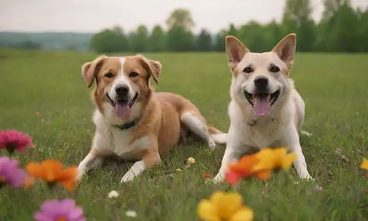 3 perros de tamaño mediano en un campo verde, con unas flores olfateantes, una escotilla de juego, y una escurridiza en hierba, todo rodeado de colores vibrantes, texturas naturales y iluminación suave
