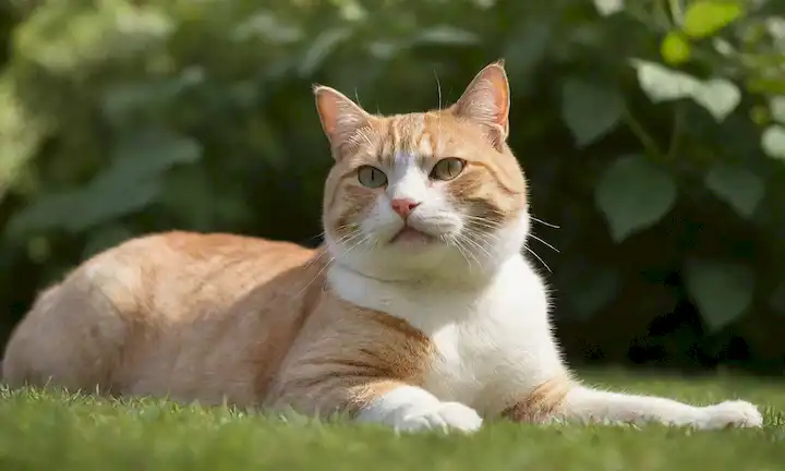 Un gato feliz con recubrimiento brillante, postura relajada y expresión de contenido, sentado en un lugar soleado cálido, rodeado de exuberante follaje verde, algunos juguetes gatos o golosinas cerca, con una sutil insinuación de la atmósfera de malicia