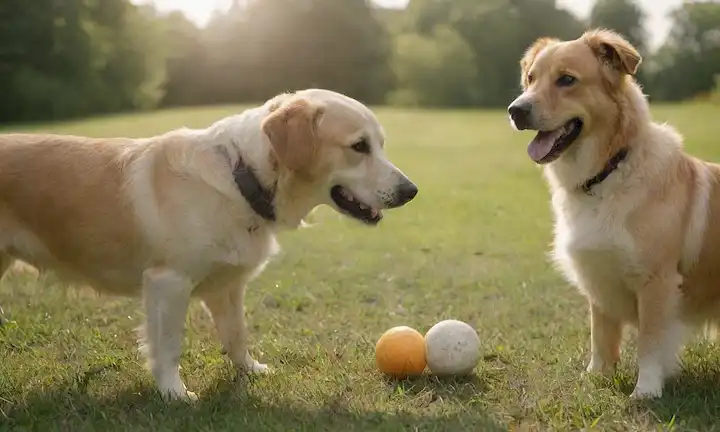 Felices perros mayores jugando con bolas, rodeados de hierba verde, y teniendo un rayo de sol caliente en su piel, mientras que reciben golos de manos de ancianos propietarios