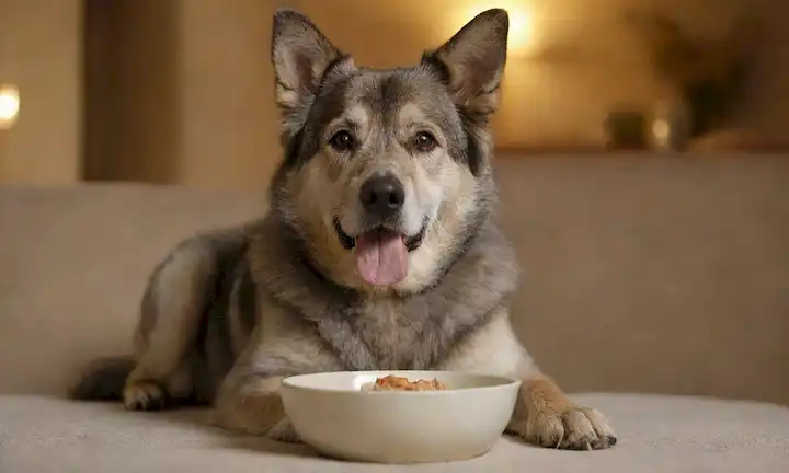 Un perro senior con piel gris, sentado cómodamente, rodeado de un resplandor cálido, sosteniendo un cuenco de comida delante de él, con una suave expresión en su cara, teniendo un ambiente tranquilo, con colores suaves, transportando calma y serenidad