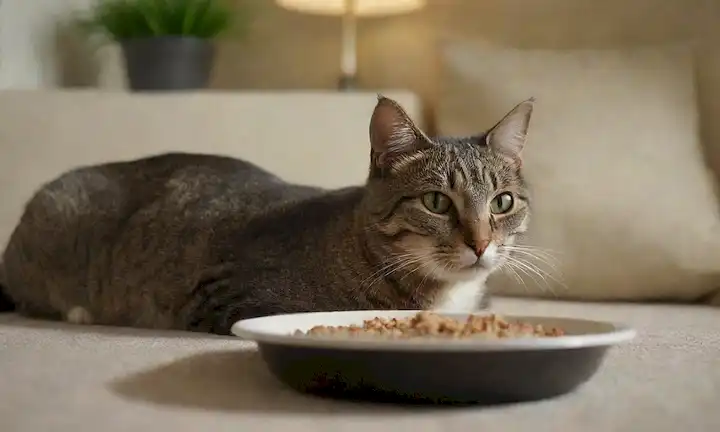 Feliz gato, colgando en un lugar cálido, rodeado de cojines suaves, iluminación suave, purgando con contenido, con un plato o un tazón cercano que contiene una deliciosa comida, con PURINA Pro Plan Pavo comida, servido en una superficie limpia y cómoda