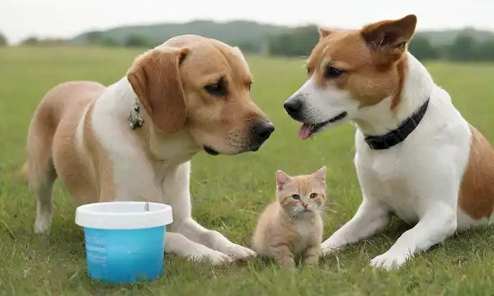 perro feliz y gato jugando juntos, exuberante césped verde, fondo soleado, tazón con comida y agua, veterinarios bolsa con medicación, juguetes lindos en la esquina, almohadas suaves para la comodidad, manos nutritivas, chequeos de salud, feliz dueños de mascotas sonriendo
