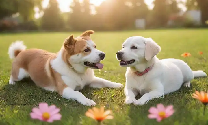 Feliz perro, gato tranquilo, alegre cachorro, cálida luz del sol, exuberante césped verde, vibrante colorido flores, foco suave, suave borrón, ambiente reconfortante, estilo de ilustración, renderizado 3D, texturas detalladas, entorno natural, ambiente familiar, mascotas con sus propietarios, momento sano