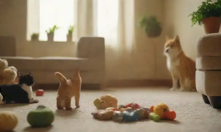 Feliz perros y gatos en varios escenarios, como un parque, una sala de estar o un bosque, con exuberante vegetación y colores vibrantes, rodeado de juguetes y golosinas, transmitiendo un sentido de alegría y contentamiento, con una cálida luz solar que brilla desde la esquina superior izquierda