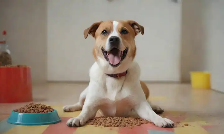 Un perro de tamaño mediano feliz sentado en un piso colorido, rodeado de kibble perro dispersa y cuencos de comida, con una expresión satisfecha