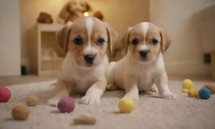 2-3 adorables cachorros de tamaño mediano en un ambiente lúdico, rodeado de juguetes y golosinas, con una expresión tranquila y curiosa, en una alfombra o alfombra suave, en una cálida iluminación natural, con fondo borroso para centrar la atención en los cachorros