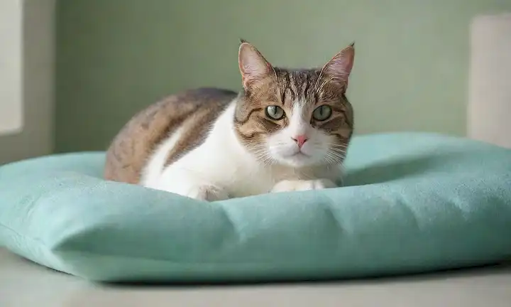 3D rendering of a contented cat lounging on a plush mattress