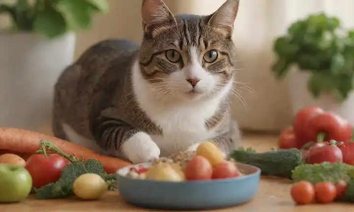 Un gato feliz y enérgico jugando con un ratón de juguete, rodeado de verduras y frutas coloridas como zanahorias, manzanas y arándanos, contra un fondo cálido y soleado con unas pocas hojas o plantas que crecen alrededor; un tazón de kibble en la esquina con una cuchara al lado, lo que implica una comida saludable está siendo preparado