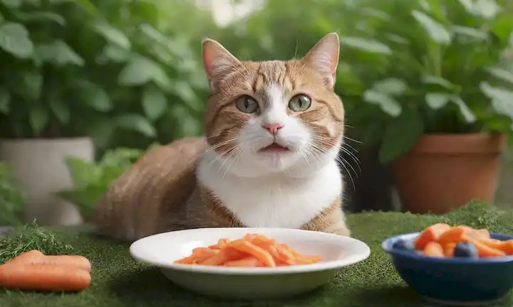 ilustración 3D de un gato feliz rodeado de hojas verdes, con un cuenco de comida delante, ingredientes naturales como zanahorias y arándanos diseminados alrededor, no aditivos artificiales o conservantes mostrados