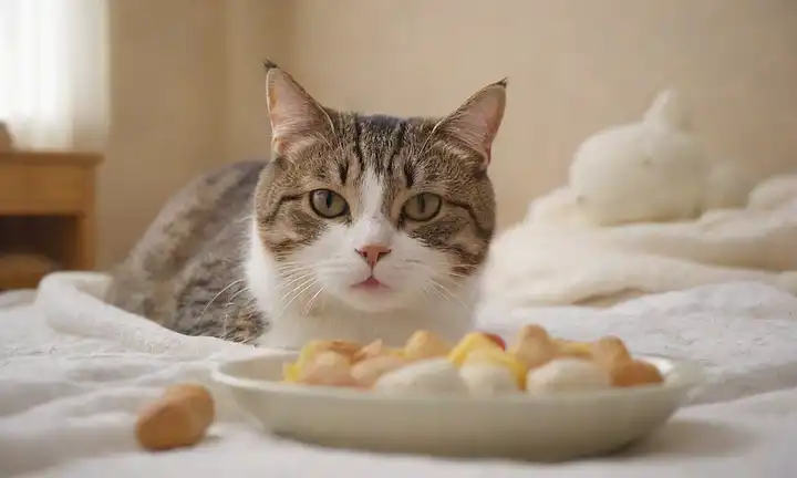 Un gato feliz, silbidos brillando, acostado en una manta suave, rodeado de juguetes y un tazón con una deliciosa comida, luz natural iluminando la escena, fondo tranquilo, sin desorden