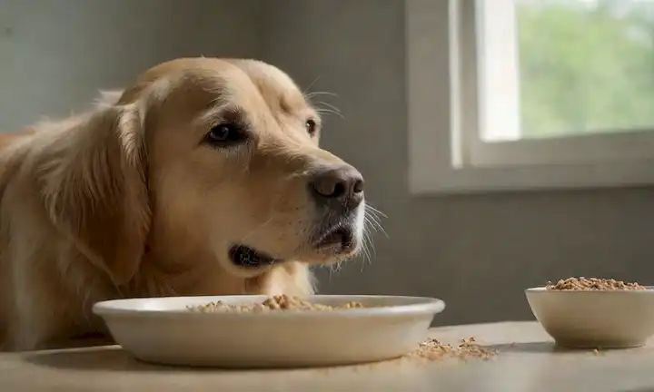 un fondo sereno con un recuperador dorado rascando su oído, un tazón de kibble sobre la mesa, y una mosca zumbando cerca, en medio de sutiles toques de polen y partículas de polvo en el aire, transmitiendo un sentido de malestar suave