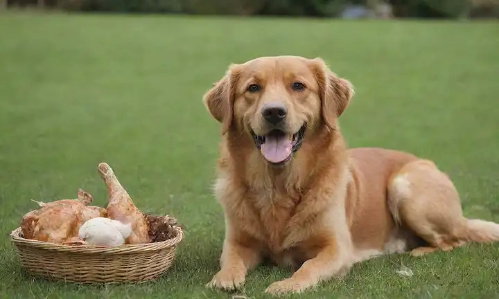 Un perro feliz con abrigo marrón, sentado sobre una hierba verde, rodeado de plumas, sosteniendo un hueso en su boca, con una canasta llena de trozos de pollo enteros cerca