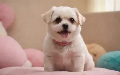 Un pequeño perro blanco rubio con un abrigo corto