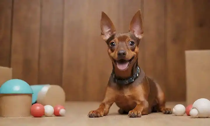 miniatura 3D Pinscher ilustración de raza, colores blancos y marrones, postura energética, expresión facial lúdica, rodeado de un fondo de madera o cartón, con unos pocos juguetes de perro o objetos cercanos, efectos de iluminación sutil, colores vibrantes, diseño simple pero atractivo