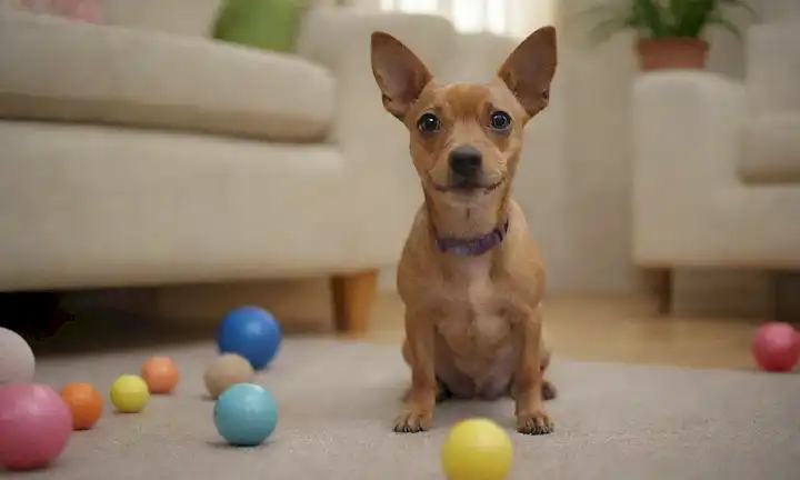Un perro pequeño con un abrigo corto, liso y orejas perky, sentado o de pie en un salón o jardín, rodeado de juguetes y posiblemente una persona que juega a buscar o dar regalos, mostrando su naturaleza amigable y social