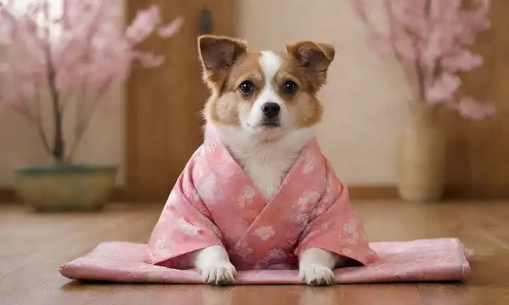 Perro de raza pequeña con rostro plano distintivo, cola rizada y grandes ojos sentados en un suelo de madera, rodeado de elementos tradicionales japoneses como bambú, flores de cereza, o un cojín de kimono-patterned, con un toque de serena fondo natural, capturando la esencia de la calma y la serenidad