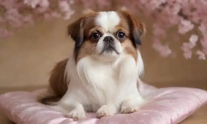 Un perro japonés Chin tranquilo sentado en un cojín suave, con una expresión suave, rodeado de flores de cerezo, un fondo de madera sutil, y algunos hilos de seda cuidadosamente colocados o cintas