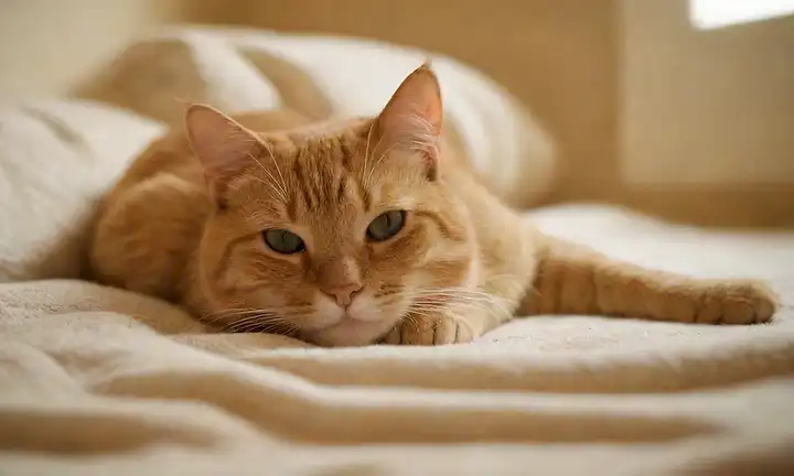 una habitación cálida y acogedora, un gato acostado en una manta suave, recibiendo suaves mascotas de una mano de propietarios, rodeado de colores calmantes como beige y crema, con sombras sutiles para transmitir relajación