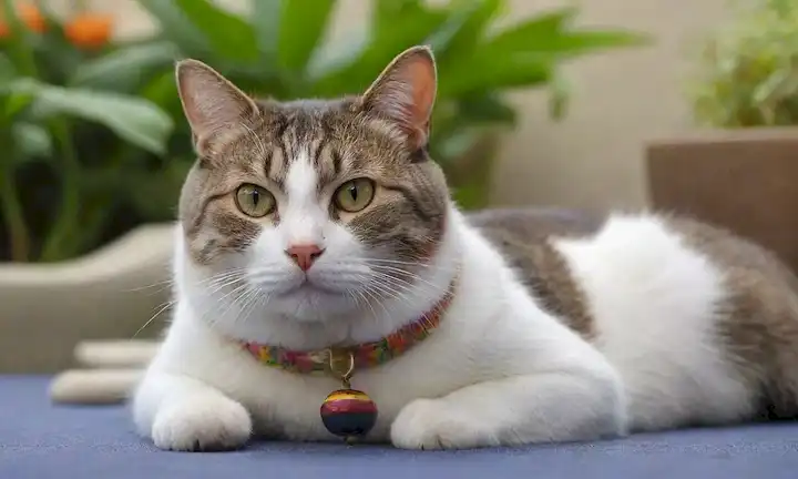 Un gato tumbado cómodamente en una superficie suave, usando un collar colorido con una campana, rodeado de relajantes elementos naturales como plantas o flores, tal vez con una suave niebla o vapor que se levanta de un tazón o plato cercano