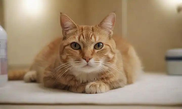Un gato tranquilo en una superficie suave, rodeado de iluminación suave, con algunos suministros médicos en el fondo, mostrando un ambiente sereno y pacífico para la recuperación, con una cara de gatos con expresión facial relajada