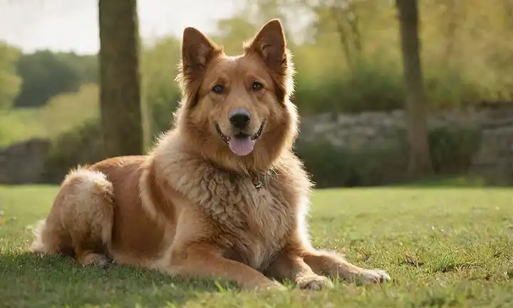 Un perro suave de color marrón con un abrigo suave, cola rizada ondeando, sentado en una exuberante hierba verde, rodeado de árboles, posiblemente una pared de piedra en el fondo, luz solar caliente filtrando a través de hojas, transportando tranquilidad y amistad