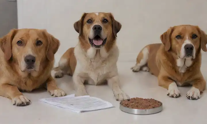 3-4 perros mayores con diferentes colores de capa y razas, sentados o acostados en un fondo blanco, con resultados de laboratorio informes en primer plano, mostrando niveles de glucosa en sangre y pruebas de función renal, rodeados de alimentos para perros y pastillas para medicamentos