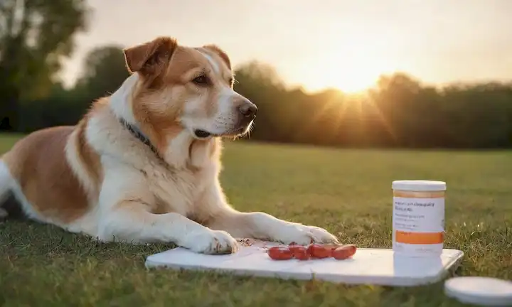 ilustración 3D de un perro senior acostado en hierba, con un veterinario en el fondo examinando sus muestras de riñón, sangre y orina exhibidas en una mesa, equipo médico cerca, y un sutil indicio de un atardecer en la distancia