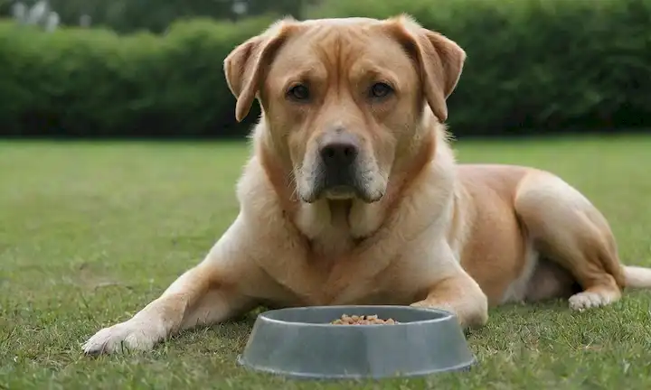 Un perro senior sentado en una hierba verde, mirando triste, con un cuerpo delgado, un cuenco vacío cerca, una ligera pérdida de masa muscular visible, y una expresión sutil de fatiga