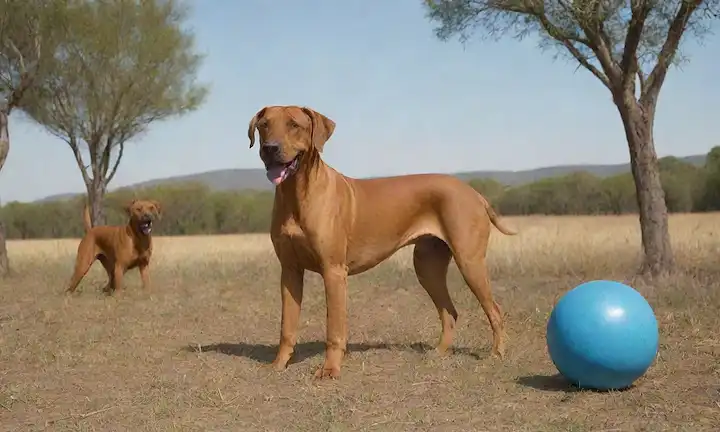 2 perros de Rhodesian Ridgeback jugando con una pelota en un soleado paisaje de sabana, rodeado de árboles de acacia y un cielo azul brillante, un perro cresta en exhibición, ambos perros con expresiones alegres, terreno robusto visible en el fondo