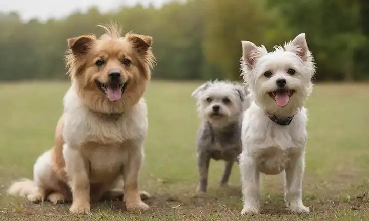 3 perros de diferentes tamaños y colores con peinados crestados, expresiones juguetonas, poses energéticas, en un entorno natural como un parque o sabana, clima soleado con pequeñas nubes, fondo borroso para enfatizar los animales