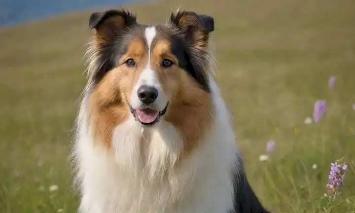 Un árido árido árido Collie, sentado sobre una ladera de hierba, rodeado de flores silvestres, con un fondo sutil de colinas o montañas onduladas, de luz natural, con suave enfoque en su cara, capturando su expresión inteligente y amistosa, con un toque de movimiento como si estuviera a punto de correr