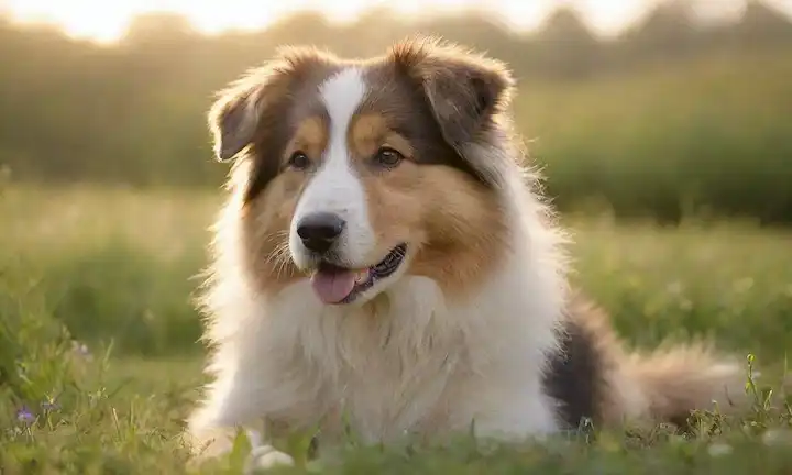 Una cálida escena bañada por la luz del sol con un asqueroso cachorro Rough Collie o Scottish Shepherd rodeado de exuberante hierba verde y flores silvestres, suavemente rodando en la tierra suave, con una bola juguetona cerca, y una suave niebla de niebla flotando arriba, capturando su inocencia y curiosidad