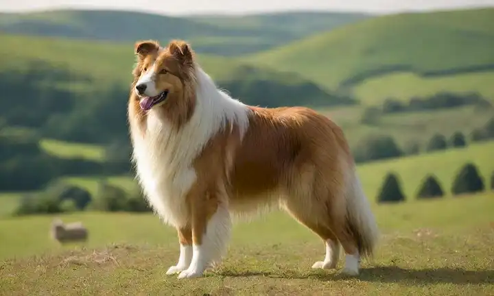 un majestuoso Rough Collie de pie orgullosamente con su gruesa capa doble brillando a la luz del sol, orejas inclinadas arriba y cola sostenidas alto, rodeado de frondosas colinas verdes, con ovejas pastando pacíficamente en el fondo