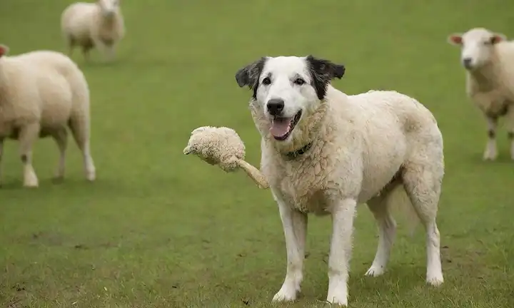 Un perro de aspecto amistoso con un abrigo duro y orejas floppy, de pie contra un fondo verde, rodeado de ovejas, sosteniendo un juguete o palo en su boca, transmitiendo una sensación de juguetez y lealtad